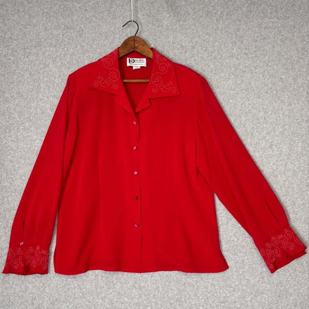 Vintage 90s Da-Rue Red Beaded Women's Button Down Blouse Sz 16 XL Valentines Day