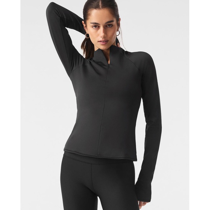 Alo Airlift Winter Warm 1/4 Zip Long Sleeve Black V Mock Neck Fitted Pullover M