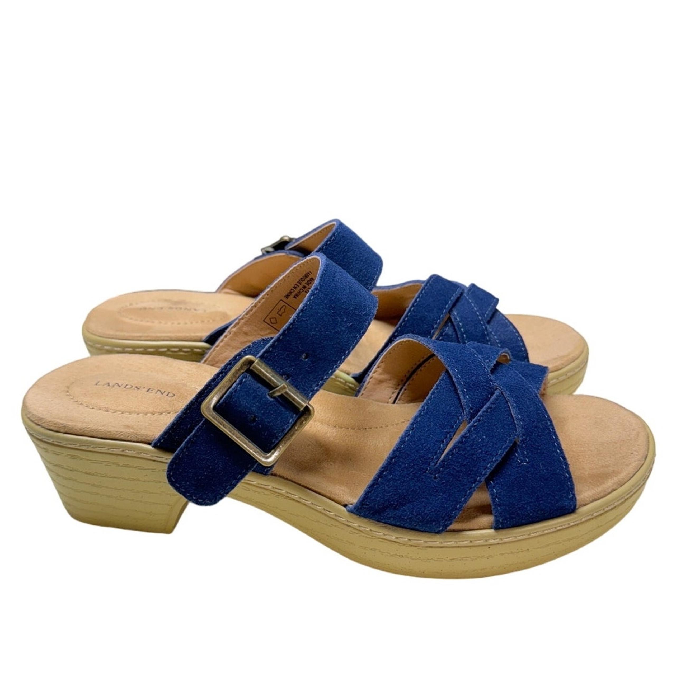Lands' End Luggage Blue Suede Clara Vlog Platform Block Heel Slide Wedge Women 8