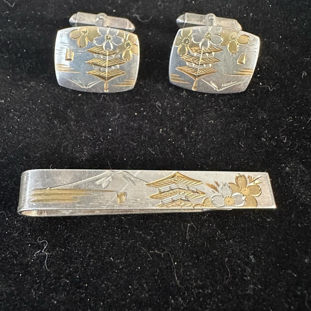Sterling Silver Japanese Pagoda Cufflinks & Money Clip Set Vintage