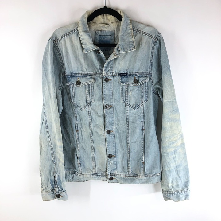 Pull & Bear Mens Denim Jacket Distressed Retro Trucker Light Wash Blue L