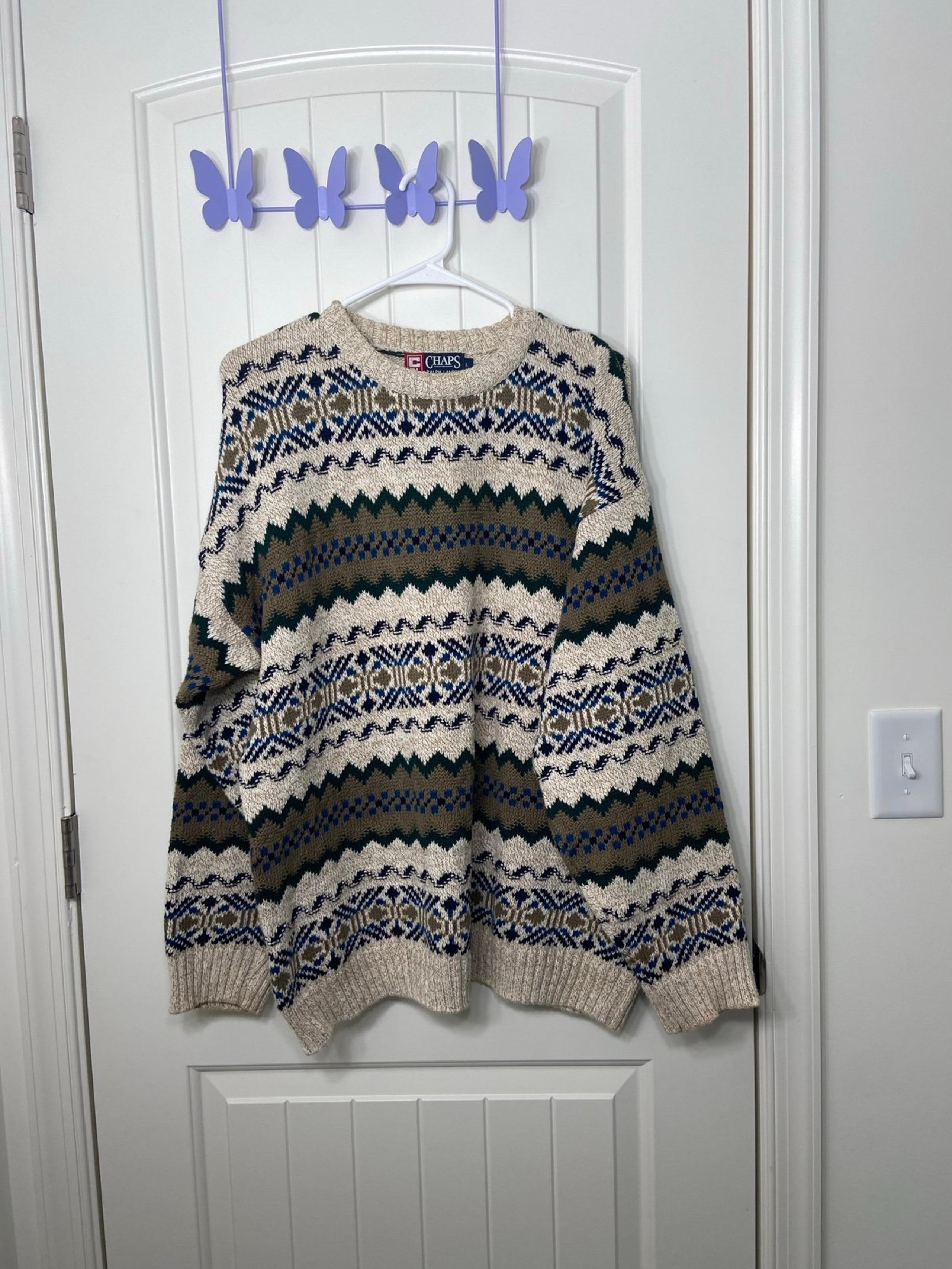 Vintage CHAPS Ralph Lauren adult beige blue soft knit thick crewneck sweater L