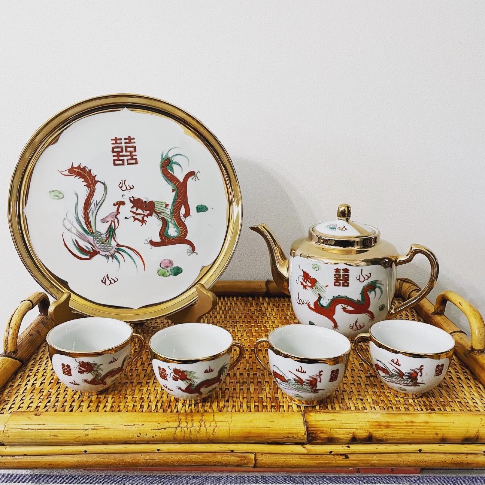 Vintage 6-Piece Dragon and Double Happiness Chinoiserie Porcelain Tea Set