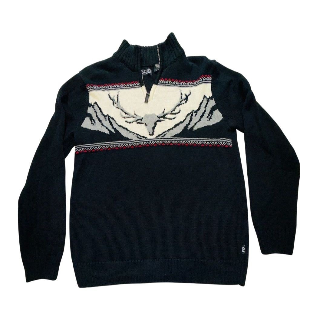 Western long horn Ralph Lauren Chaps Men's Black 1/4 Zip Sweater Motif L cowboy