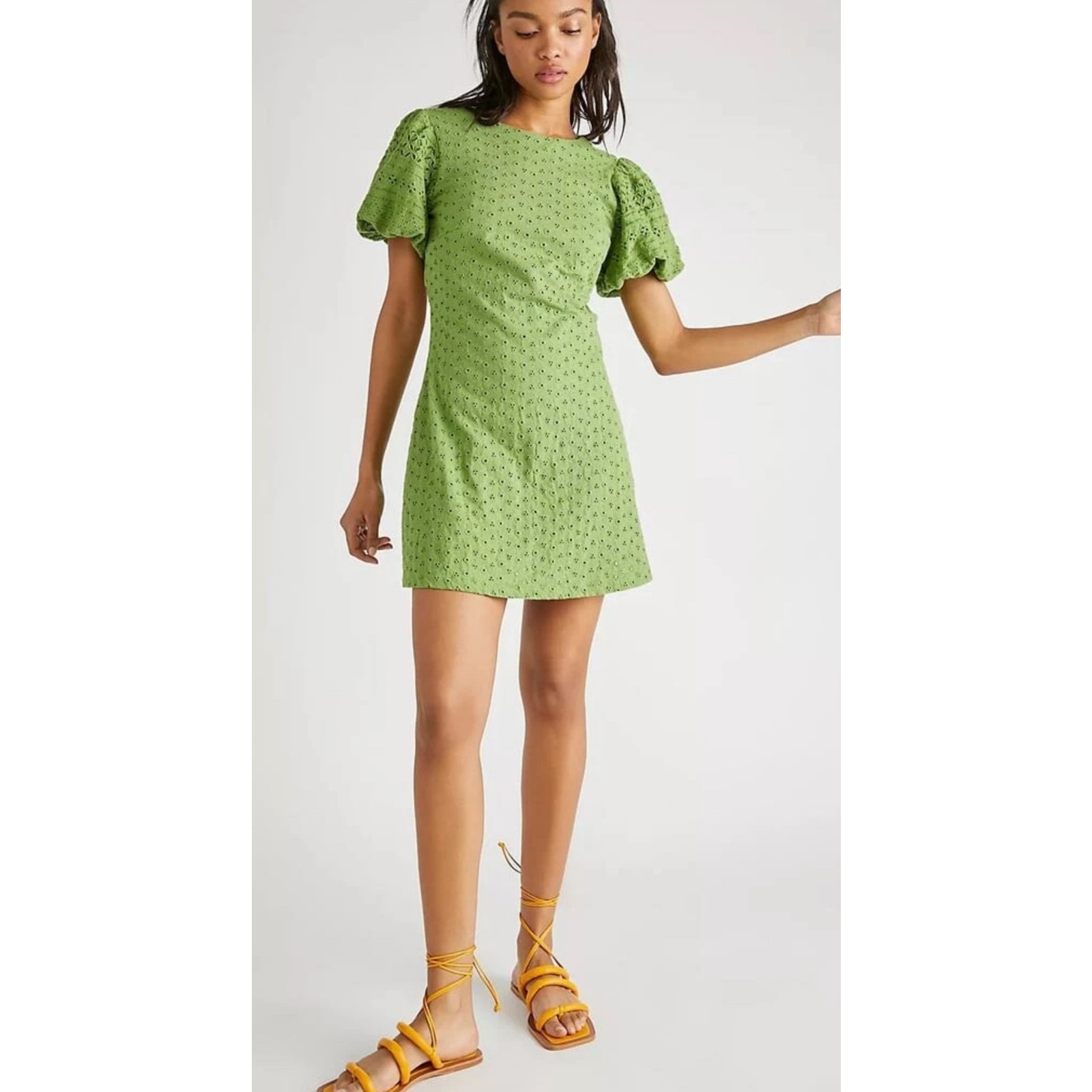 Free People Apricot Mini Women's Dress Summer A-Line Green Eyelet Cotton M