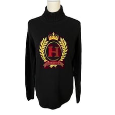 Vintage Y2K Tommy Hilfiger Women'Embroidered Crest Turtleneck Sweater Black Sz