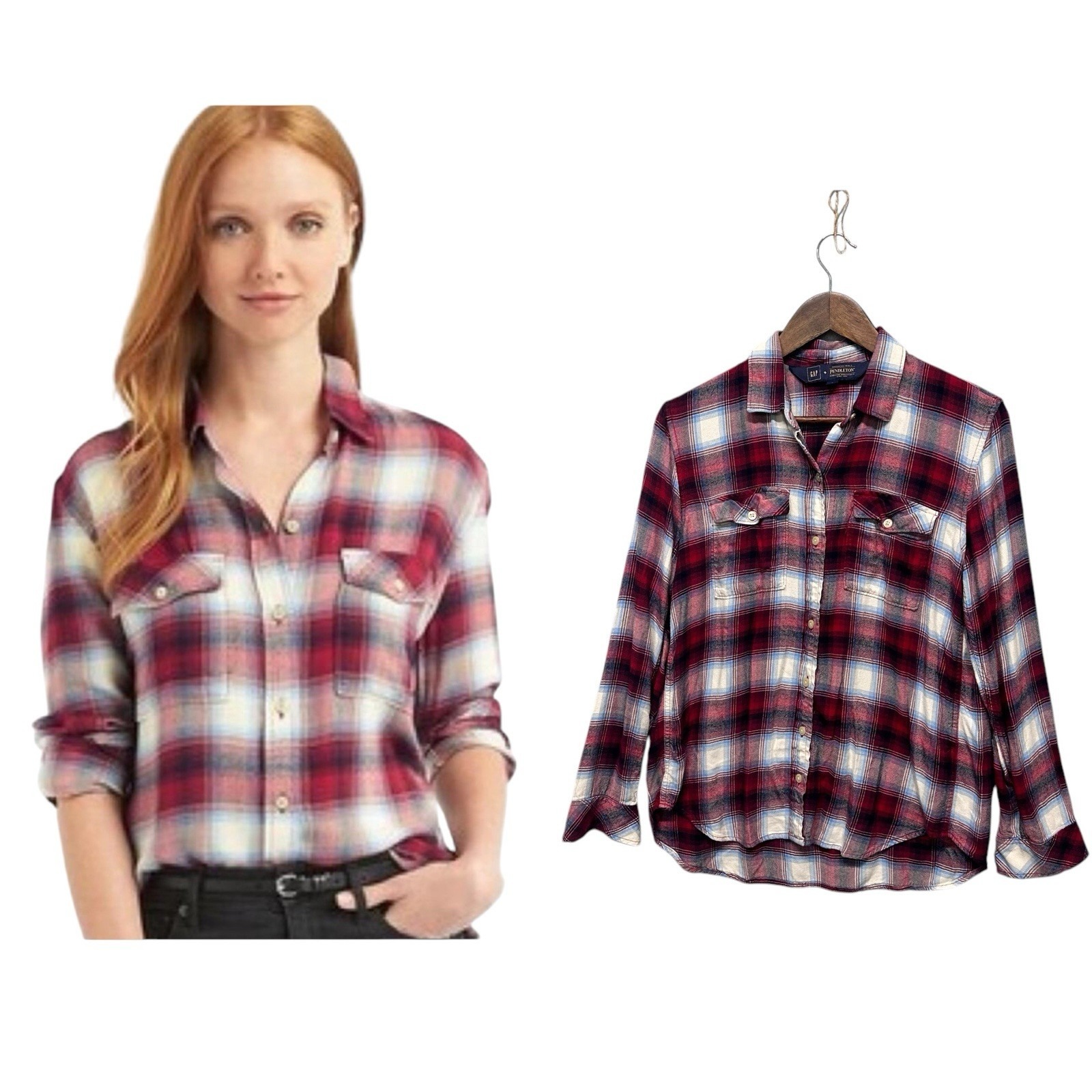 Gap Pendleton Mills Women's Shirt Boyfriend Flannel Red Blue Plaid Size Small