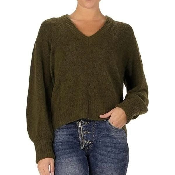 Elan Wool Blend V neck Pullover Sweater in Olive Size Medium