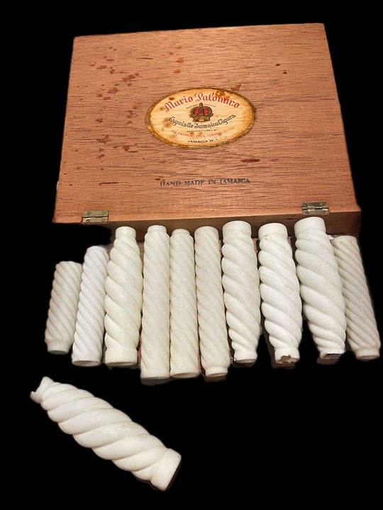 11 Antique White Milk Glass Gaslight Spiral Candles in Mario Palomino Cigar Box