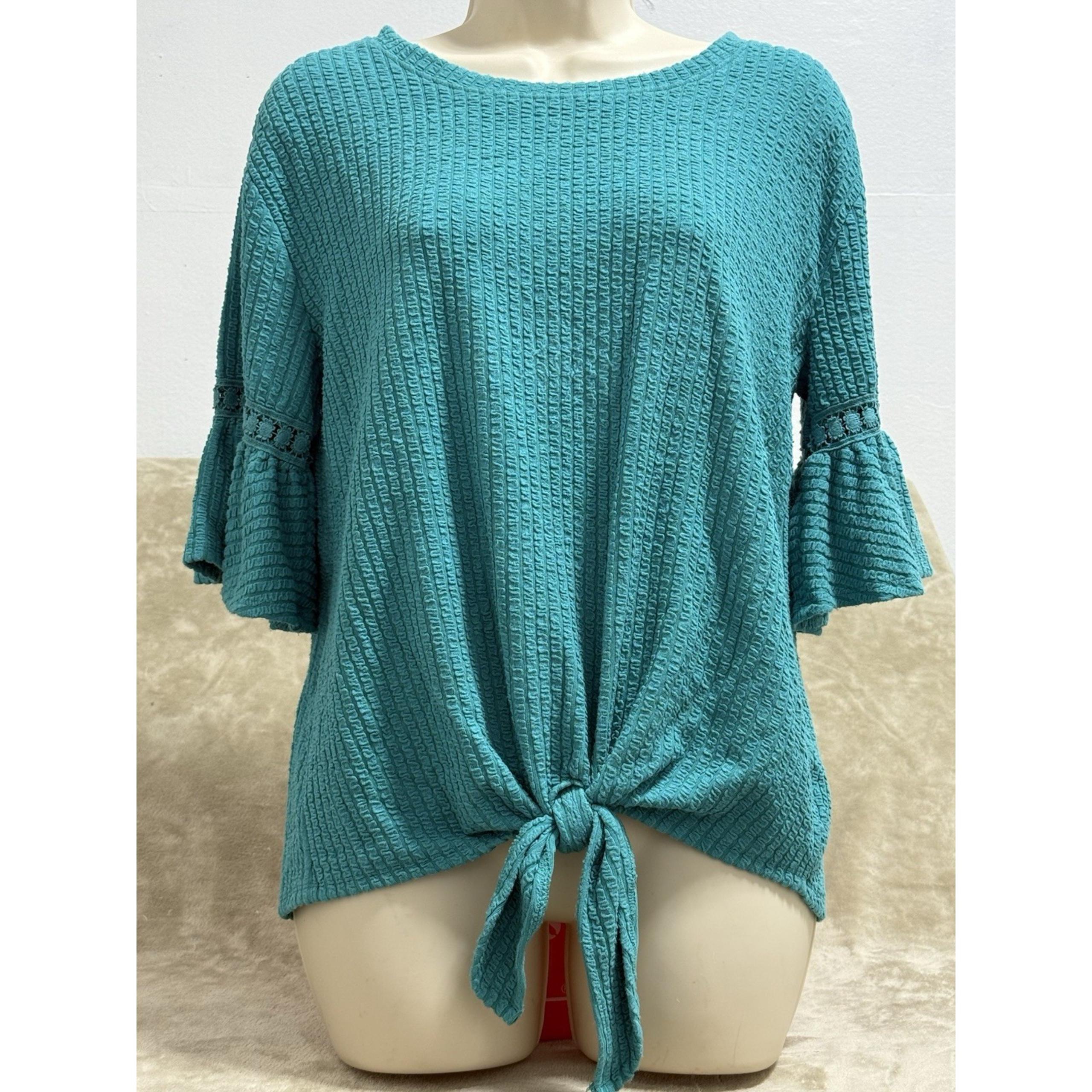Women's Cupio Knit Top With Ruffle Sleeves & Front Tie Round Neck Size M