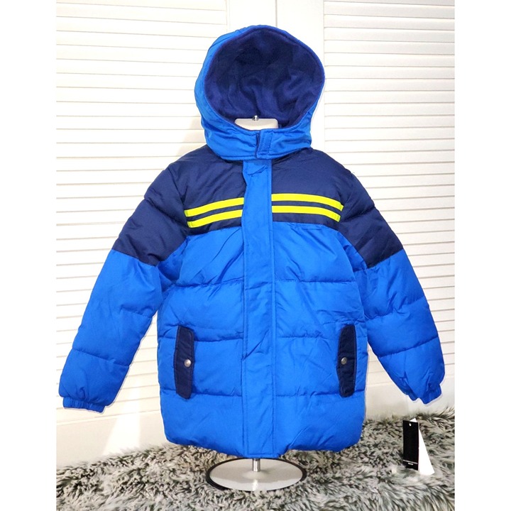 NWT Pony Boys Blue Tri Color Blocked Hood & Stripes Puffer Jacket Size 7/8 897