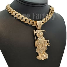 SAINT DEATH SANTA MUERTE Gold Pendant & 20 Full Iced Cuban Chain Necklace