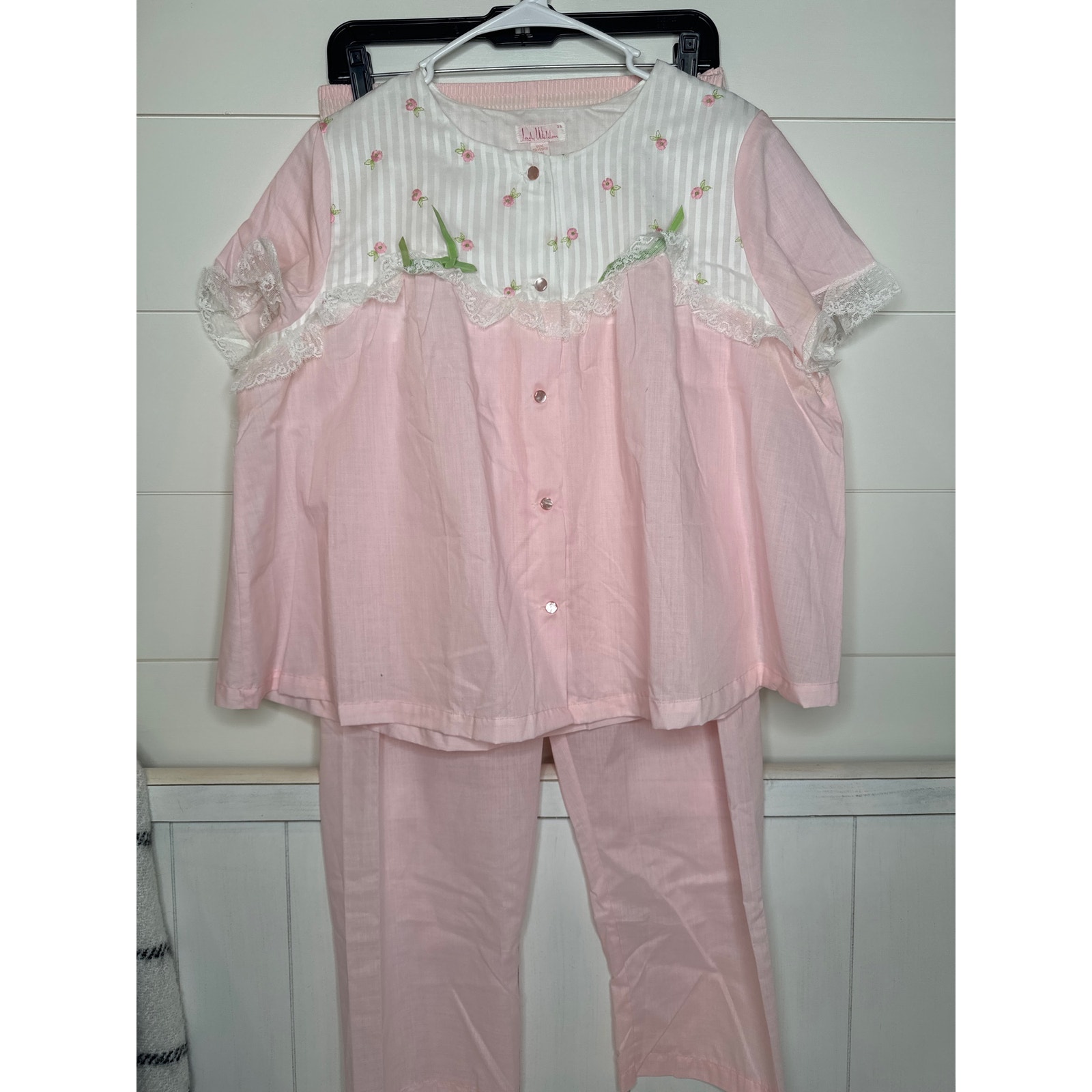 Lady Weldon New Vintage Pink Pajama Pant Set Lace Embroidered Polycotton MED 36