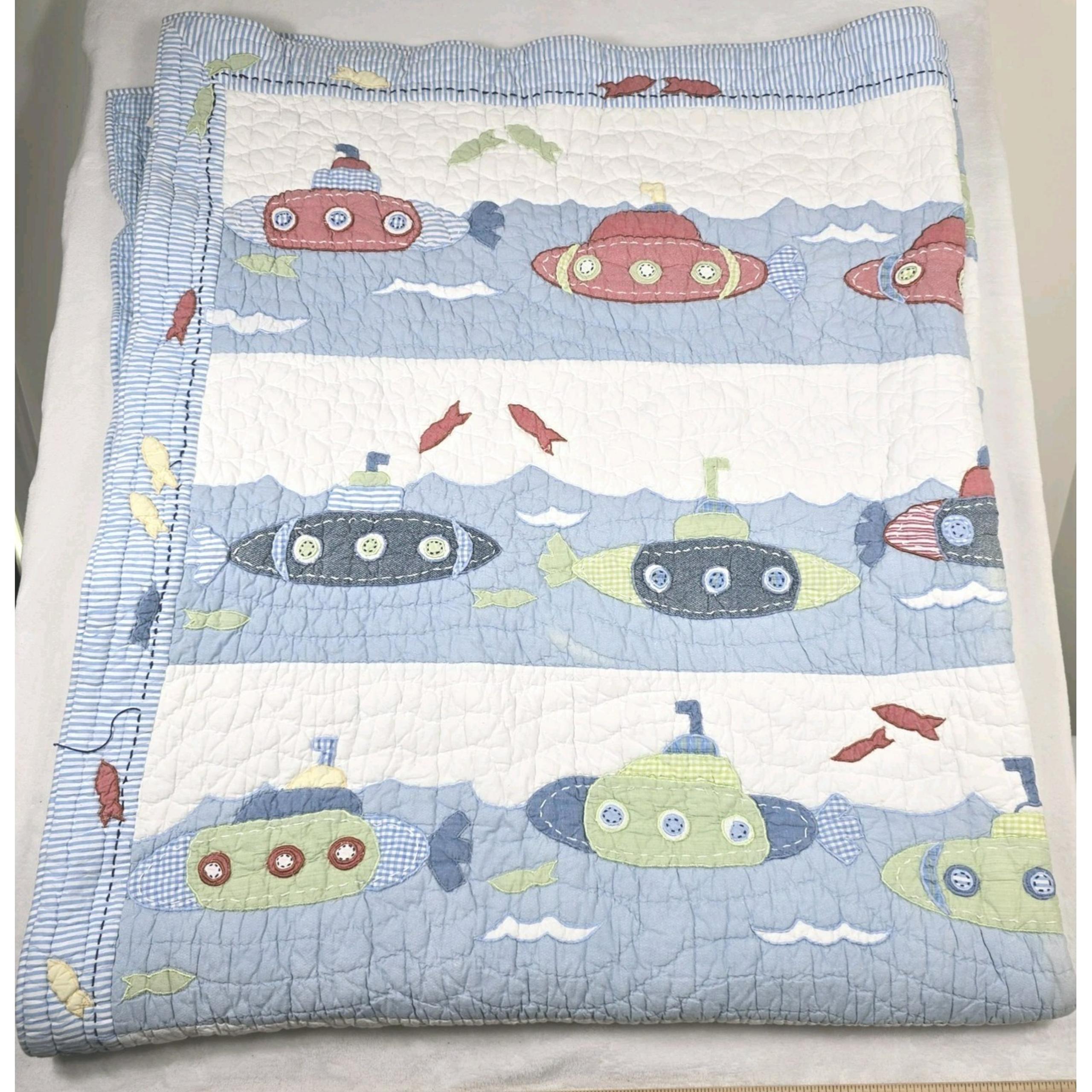 Pottery Barn Kids Submarine Gingham Blue Quilt 73" x 84" Twin Nautical Boat