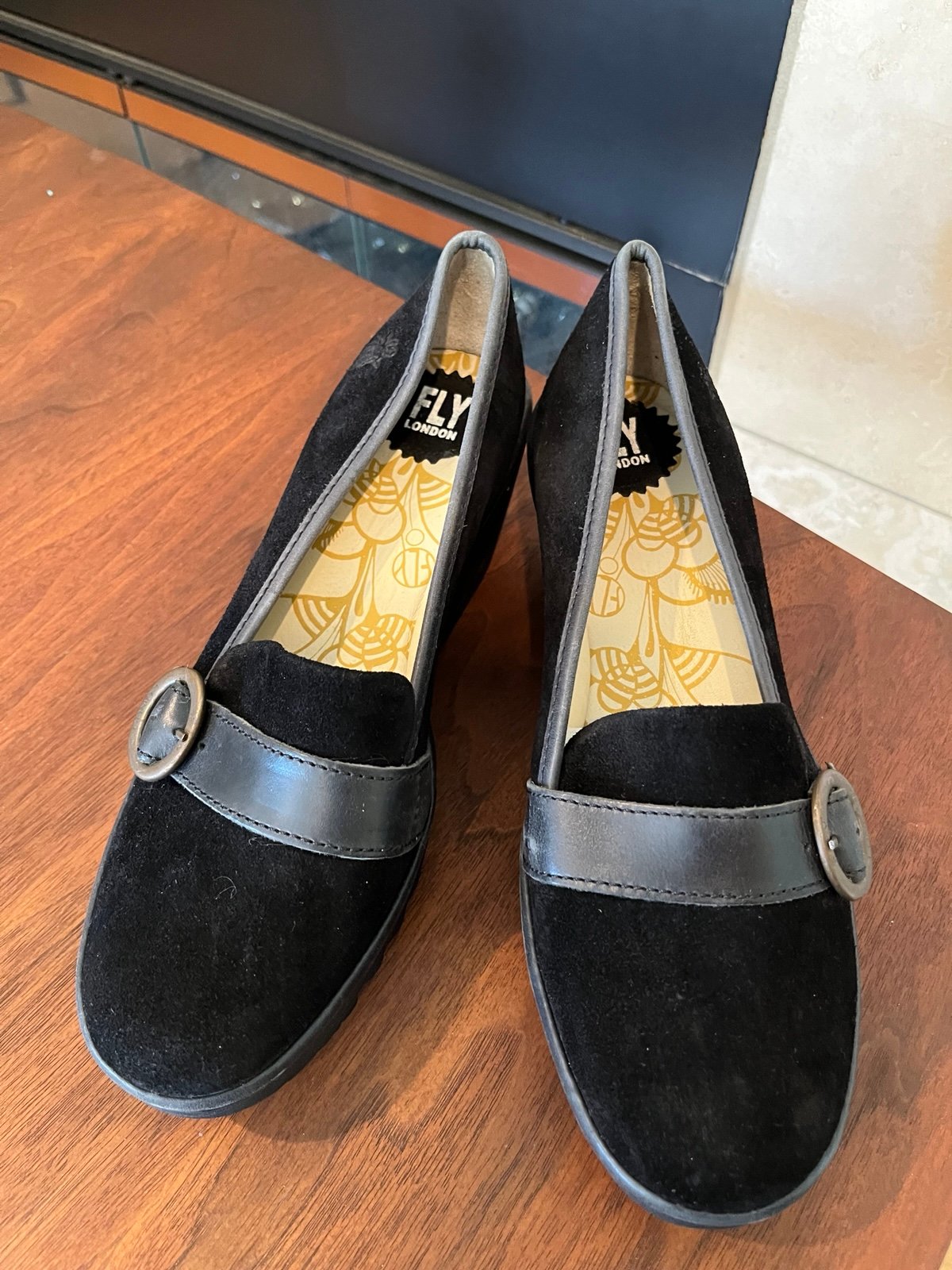 Fly London black suede wedge loafers