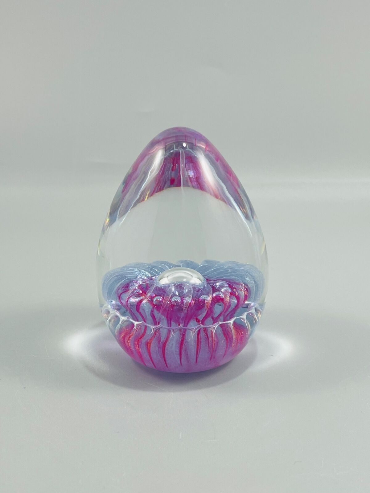 1991 Pink Purple Clear Controlled Bubble Egg Shaped Art Glass Paperweight Signed