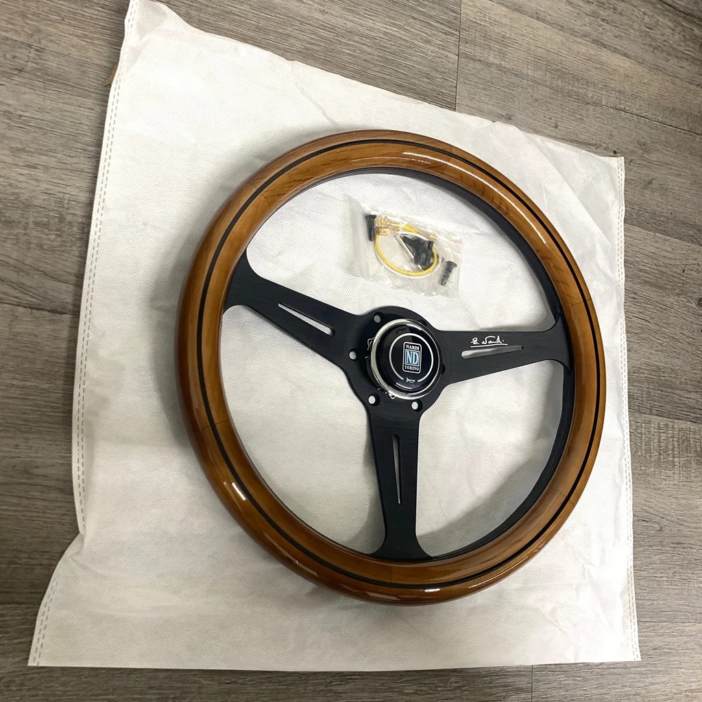 F Style CLASSIC 350MM STEERING WHEEL MAHOGANY WOOD WITH BLACK SPOKE NardiNew X1