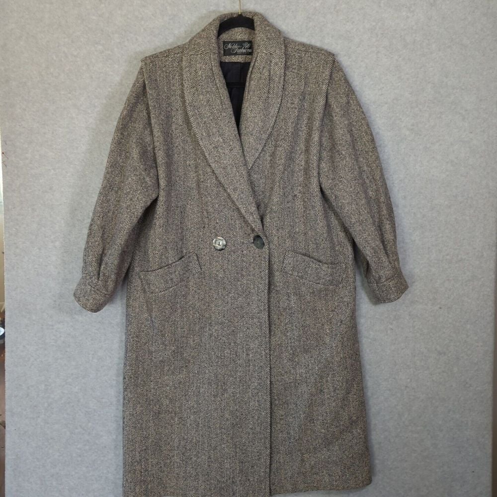 VTG 90s Black & White Herringbone Long Coat Shawl Collar Womens L Noble Fashions