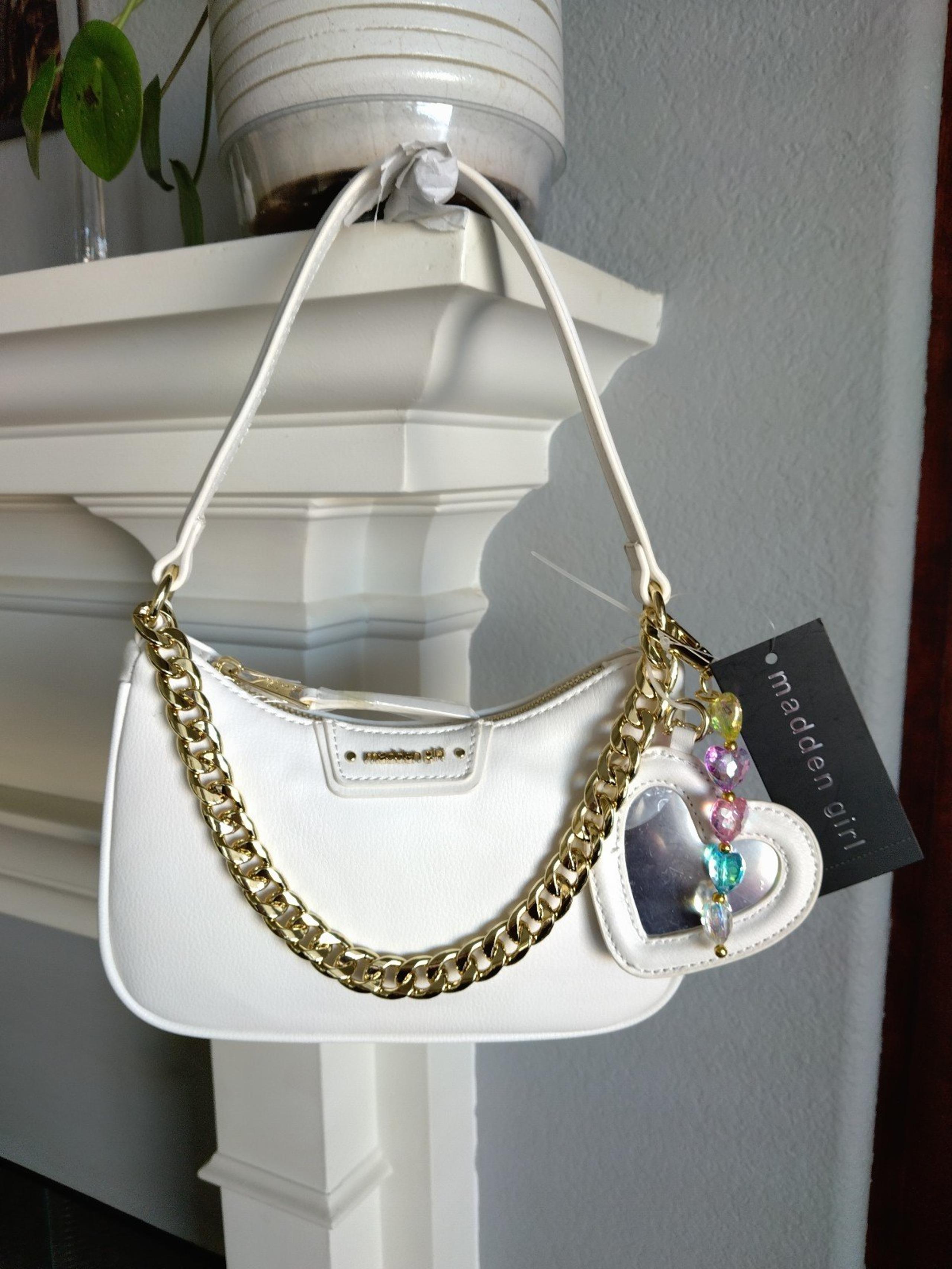Madden Girl White Shoulder Bag/Crossbody/Purse with charm and heart mirror