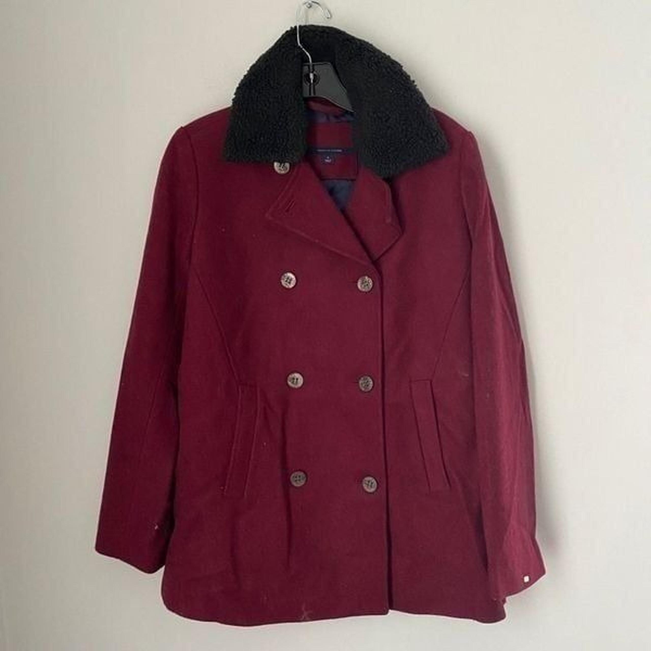 Tommy Hilfiger Women’s Faux-Fur Collar Wool Blend Red Wine Color Peacoat Size M