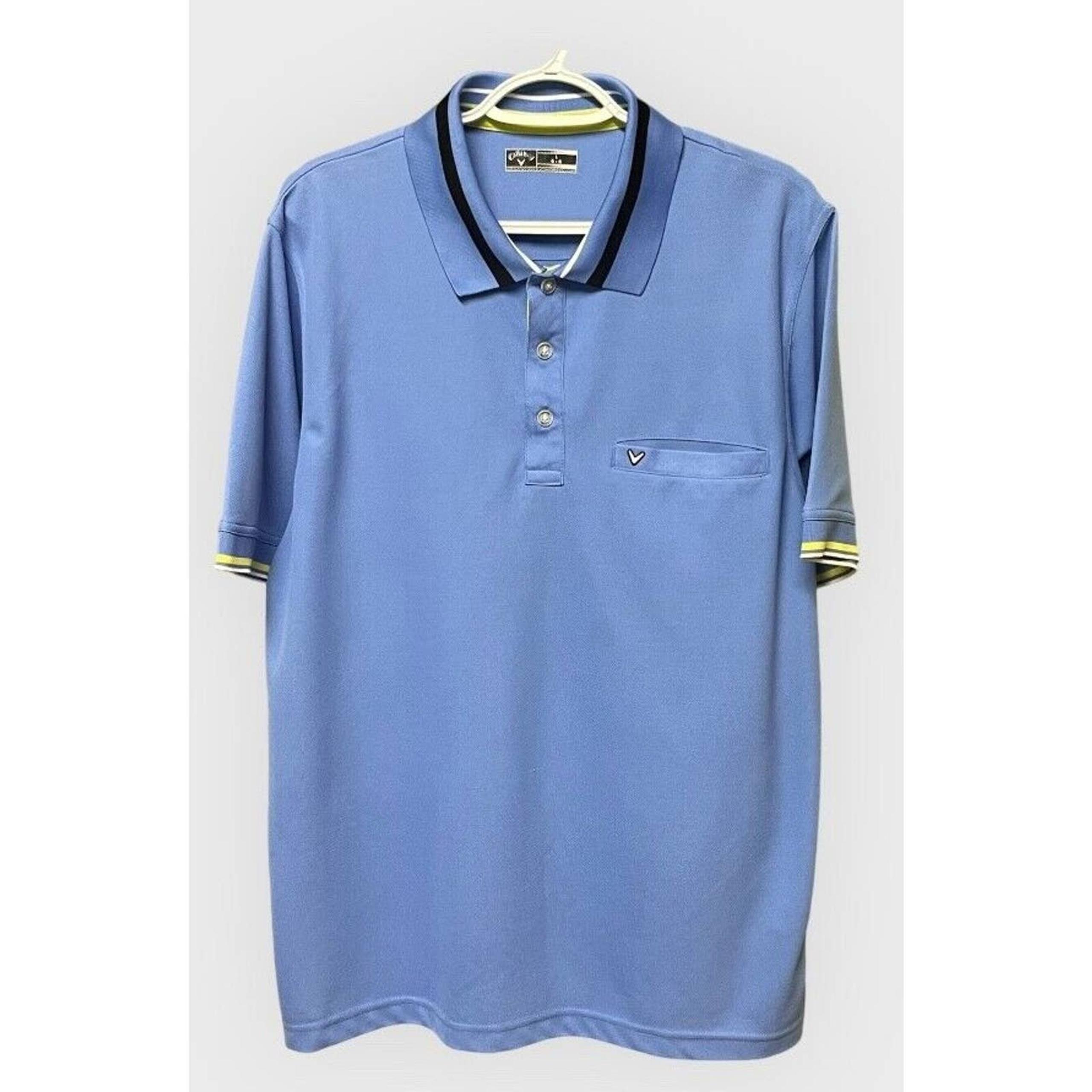 Callaway Polo Shirt Mens Sz L Blue w/ Blk, Yellow & White Stripes Front Pocket