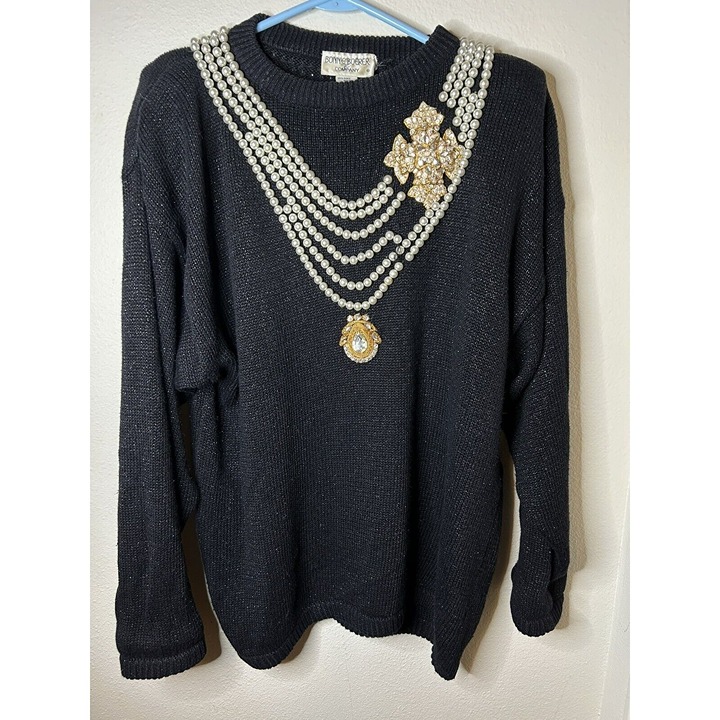 80s Bonnie Boerer & Company Novelty Pearl Beaded Black Sweater Sz M Oversized
