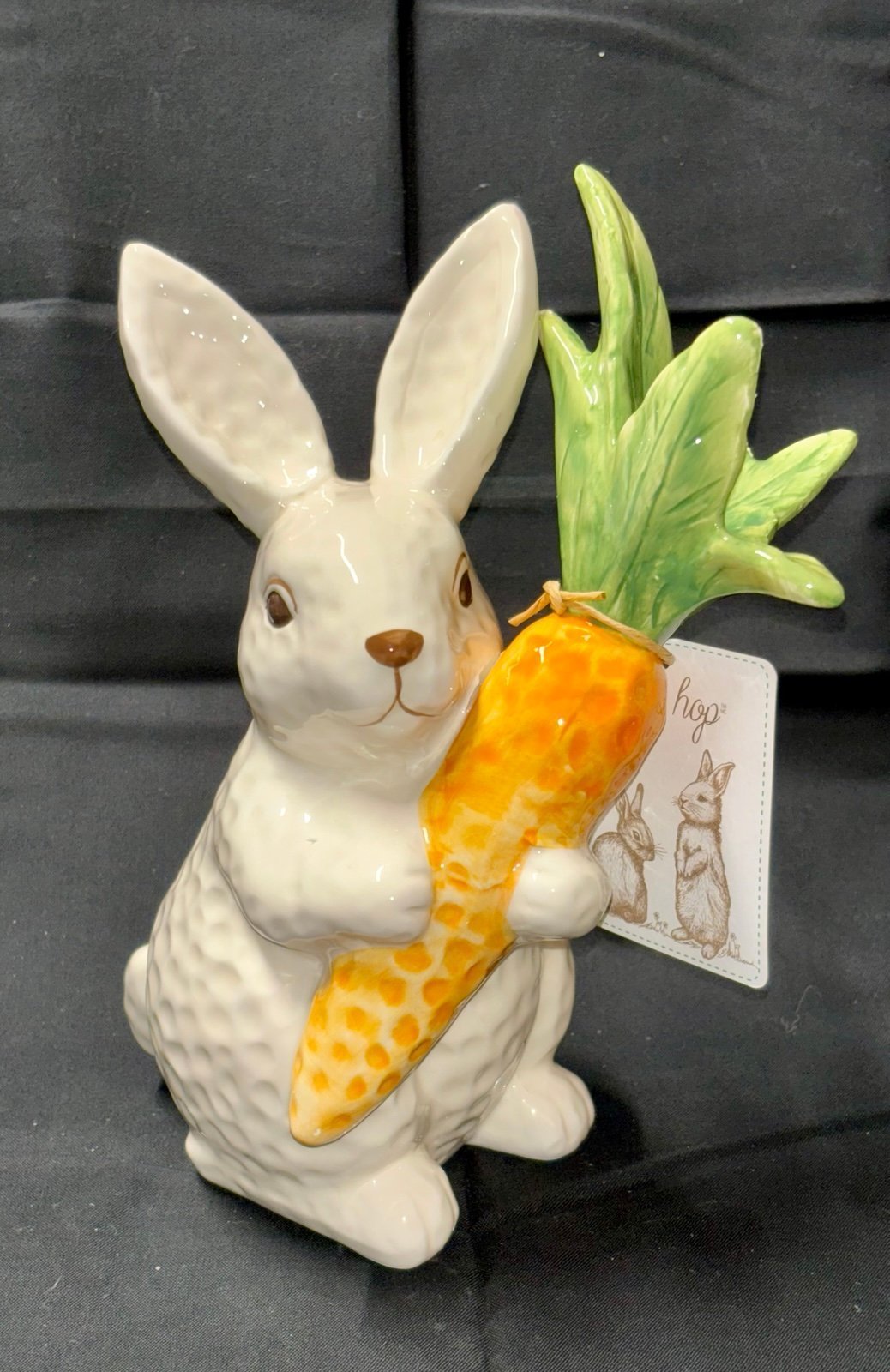 Hip + Hop 9” x 4” White Ceramic Bunny Holding A Carrot For Easter /Spring 2025