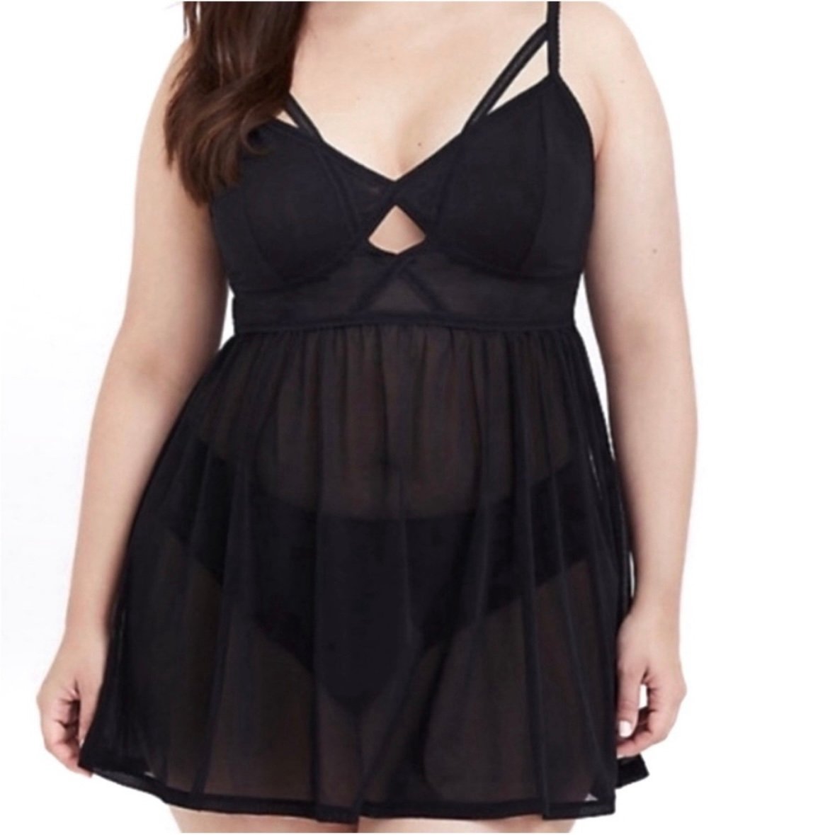 Torrid Black Mesh Babydoll Strappy Piping Lingerie Slip Dress Top with Cutout