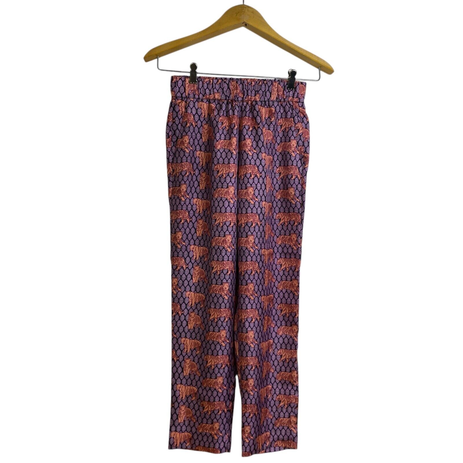 J Crew Collection Silk Tiger Pajama Pants Size 00 Womens Purple Elastic Waist