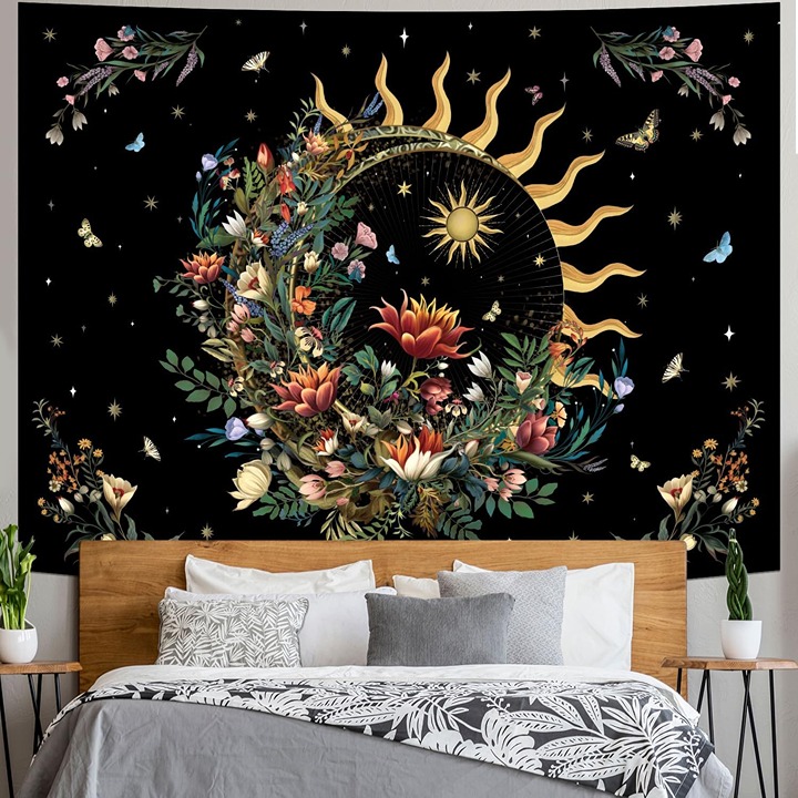 Floral Plants Tapestry Sun and Moon Retro Botanical Flowers Wall Hang Art Decor