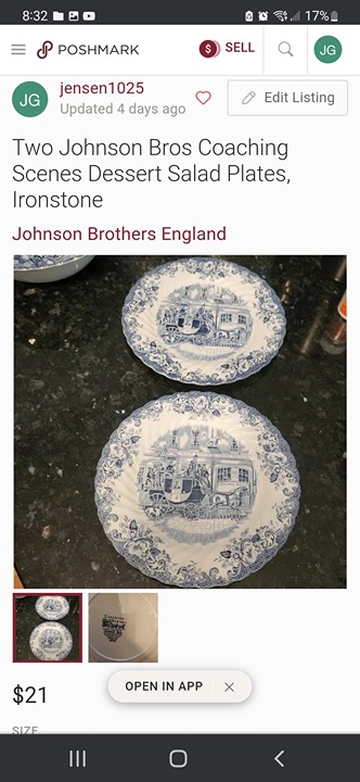 Two (2) Johnson Brothers Coaching Scenes Desert / Salad plates.
