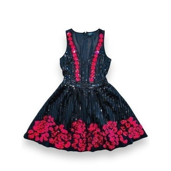 C5 Bebe Dress Hayley Sequin Red Black Roses XS Womens Holiday Party Formal