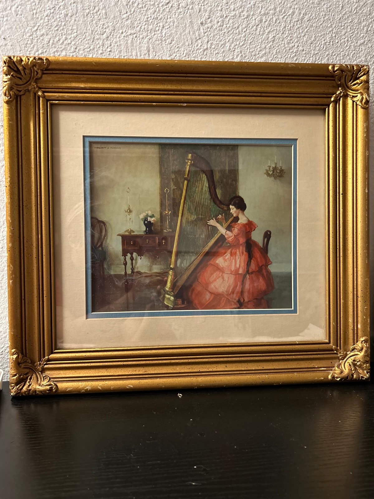 Marguerite pearson lithograph of Girl playing harp 14x15”