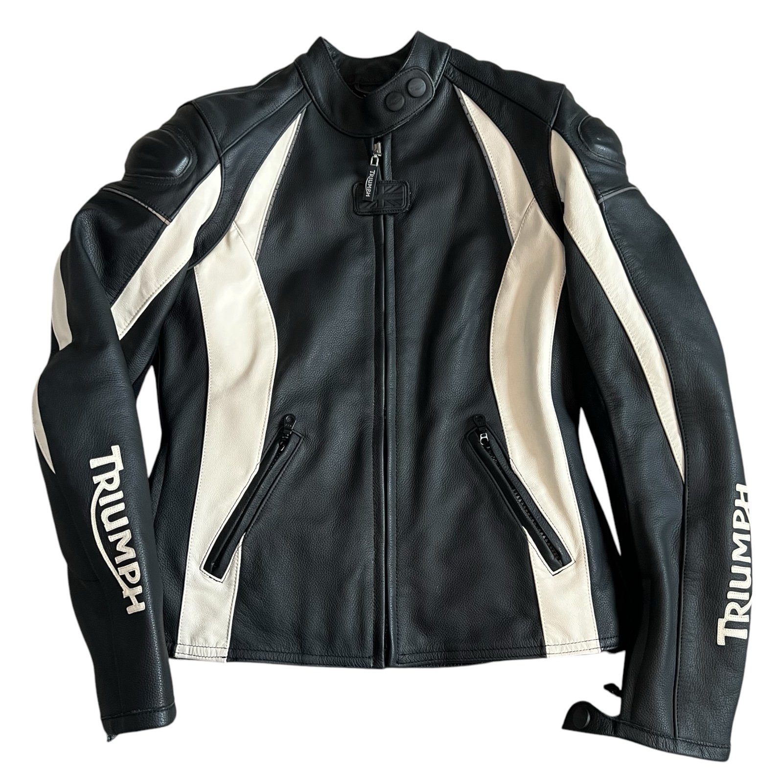 Triumph Womens Motorcycle Jacket Sz S Black White Colorblock Leather Padding EUC