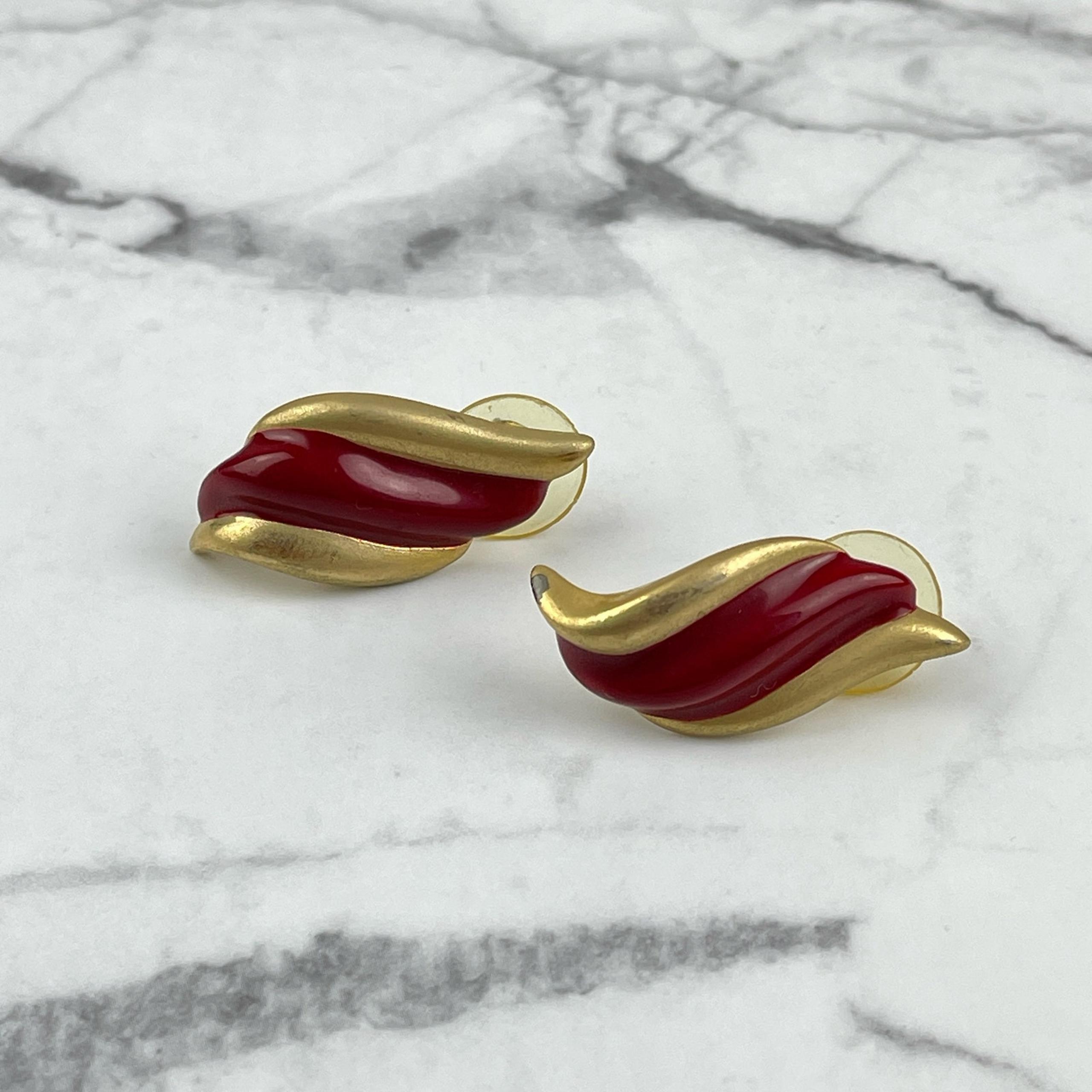 VTG 70’s 80’s Bullock’s Morgan Taylor Wavy Earrings Gold Red