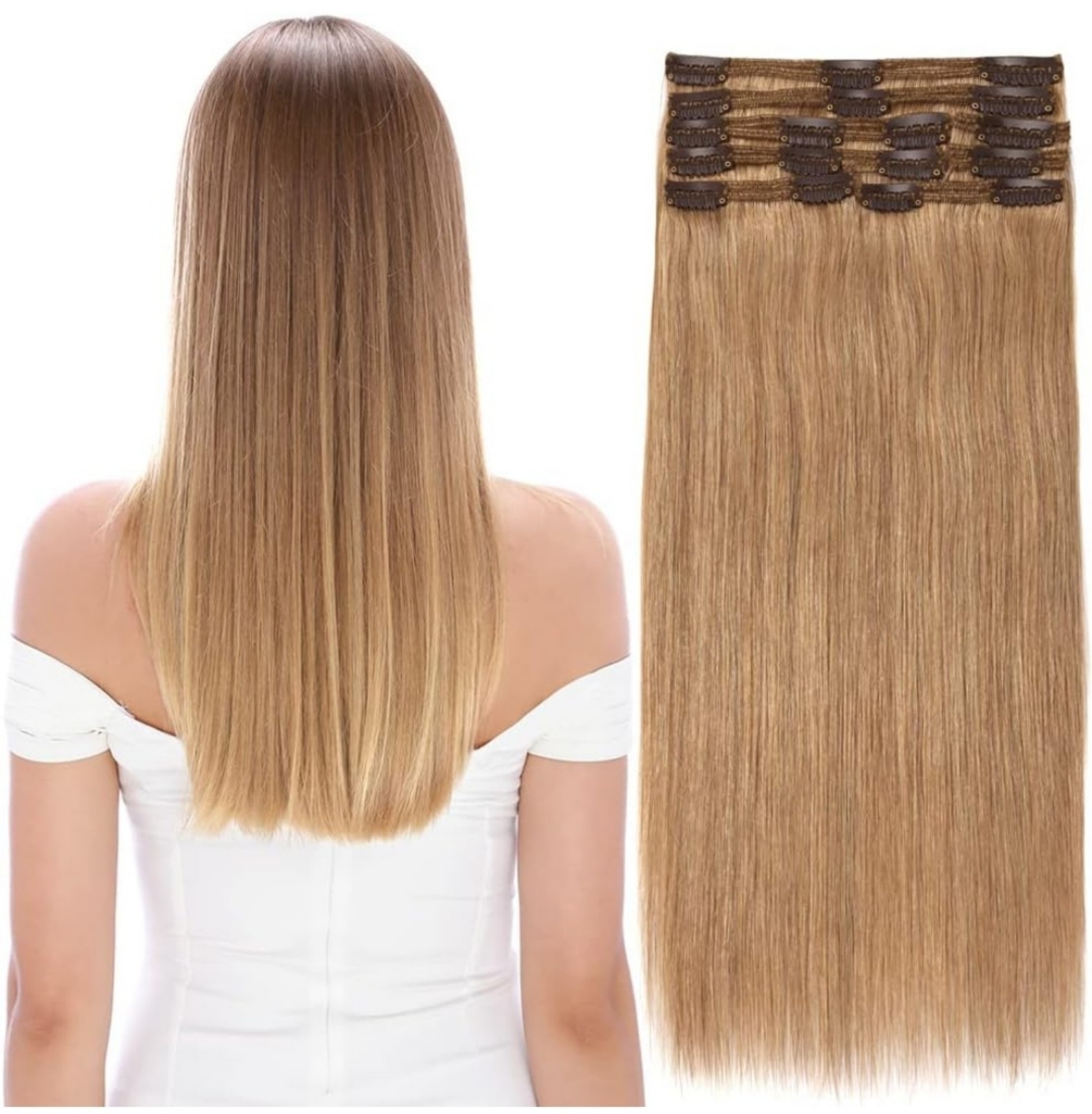 7 Pcs Dark Blonde Double Weft Clip in 100% Remy Human Hair Extensions 20 Long