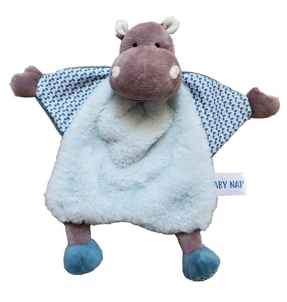 Hippo Bazile BABY NAT Brown White Blue Flat Doudou Plush Stuffed Baby Toy CLEAN