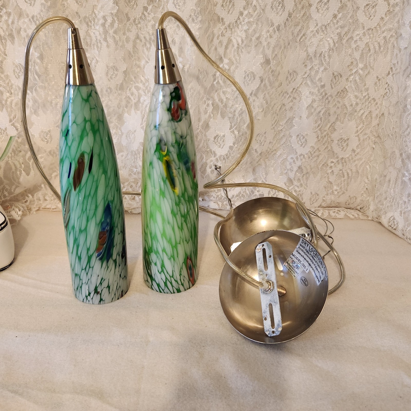 Mini Pendant Light In Satin Nickel With Milifori Green Glass E304583 Model 501-1