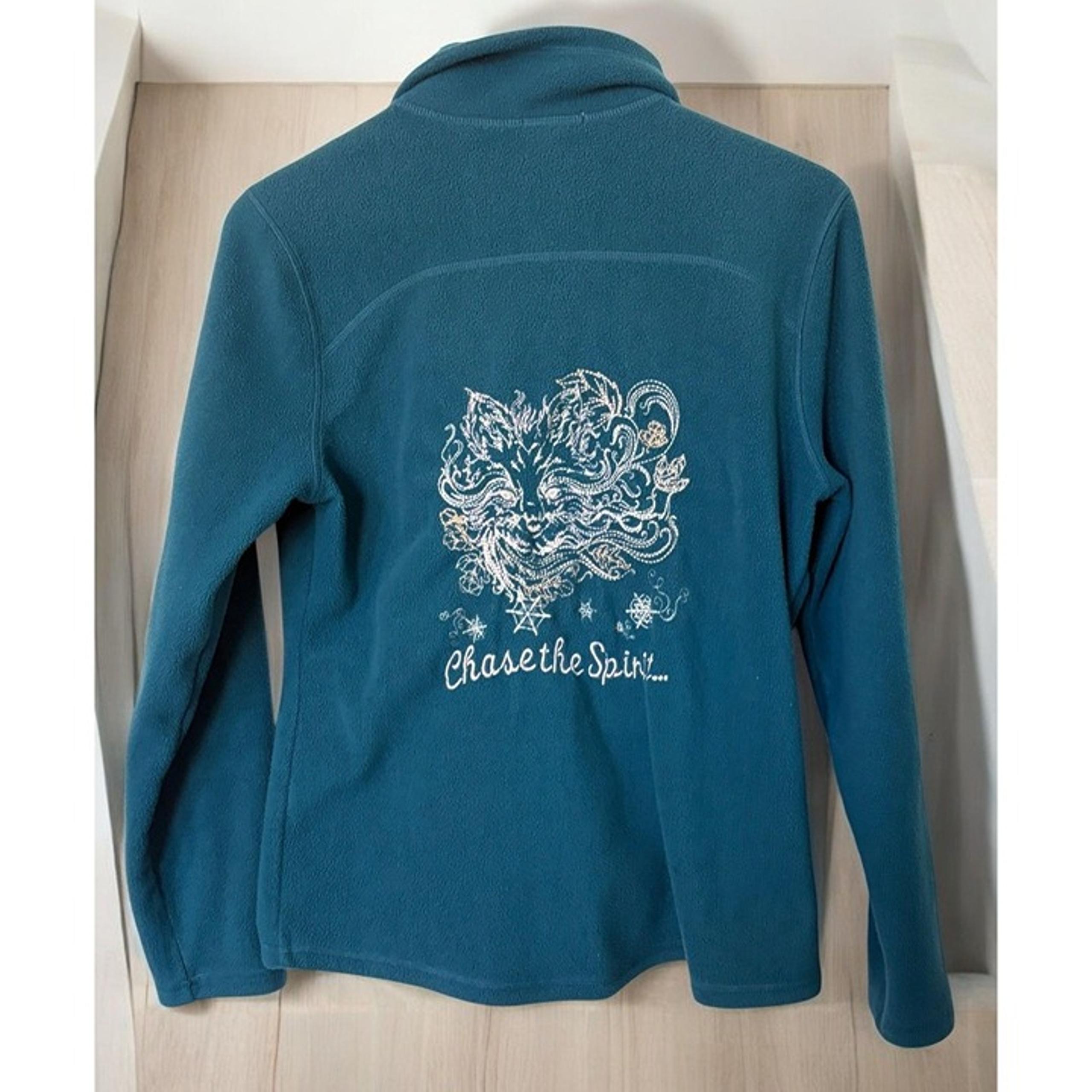 Old Navy Fleece Zip Up Jacket Womens Size L Teal Embroidered "Chase The Spirit"