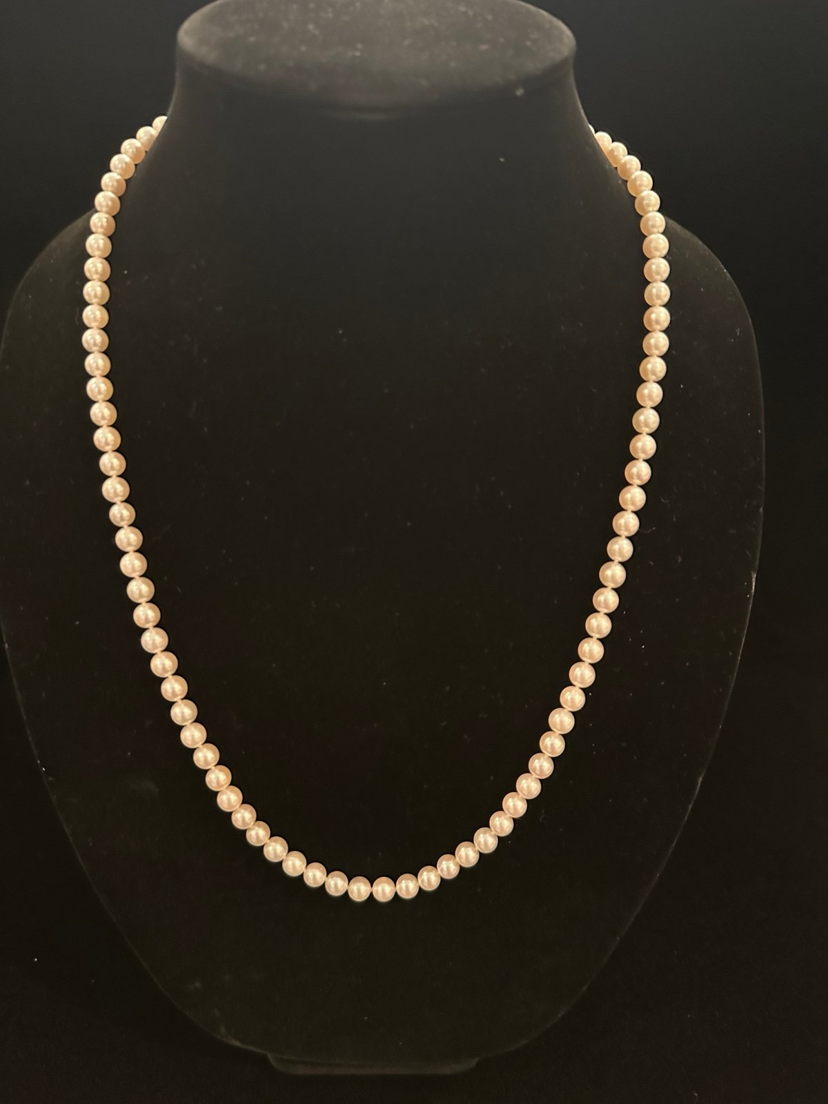 Pearl Necklace, 26” with 14k gold clasp