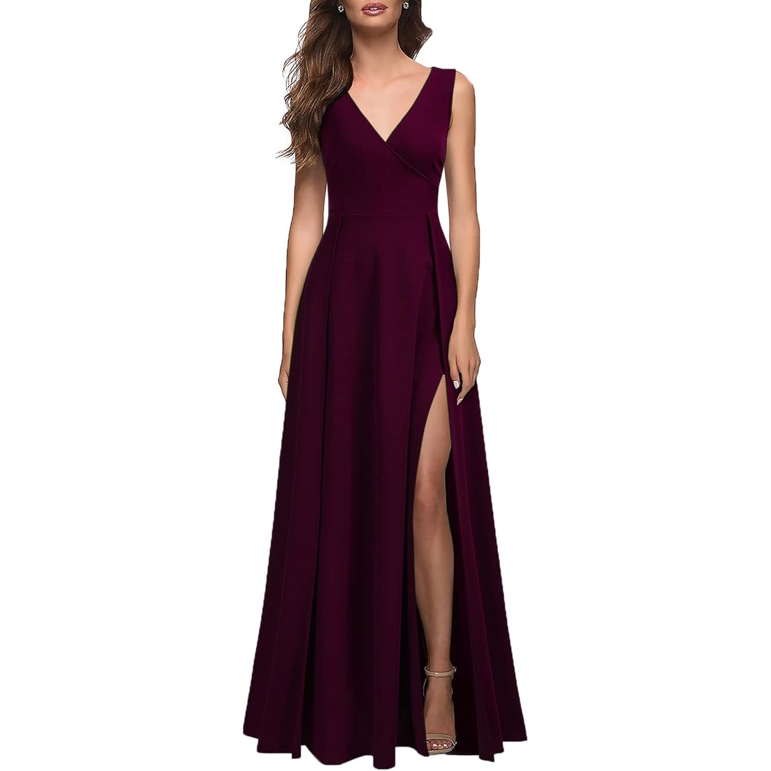 MUSHAIRE Maxi Dress Formal Gown V Neck Sleeveless Slit Burgundy S, NWT