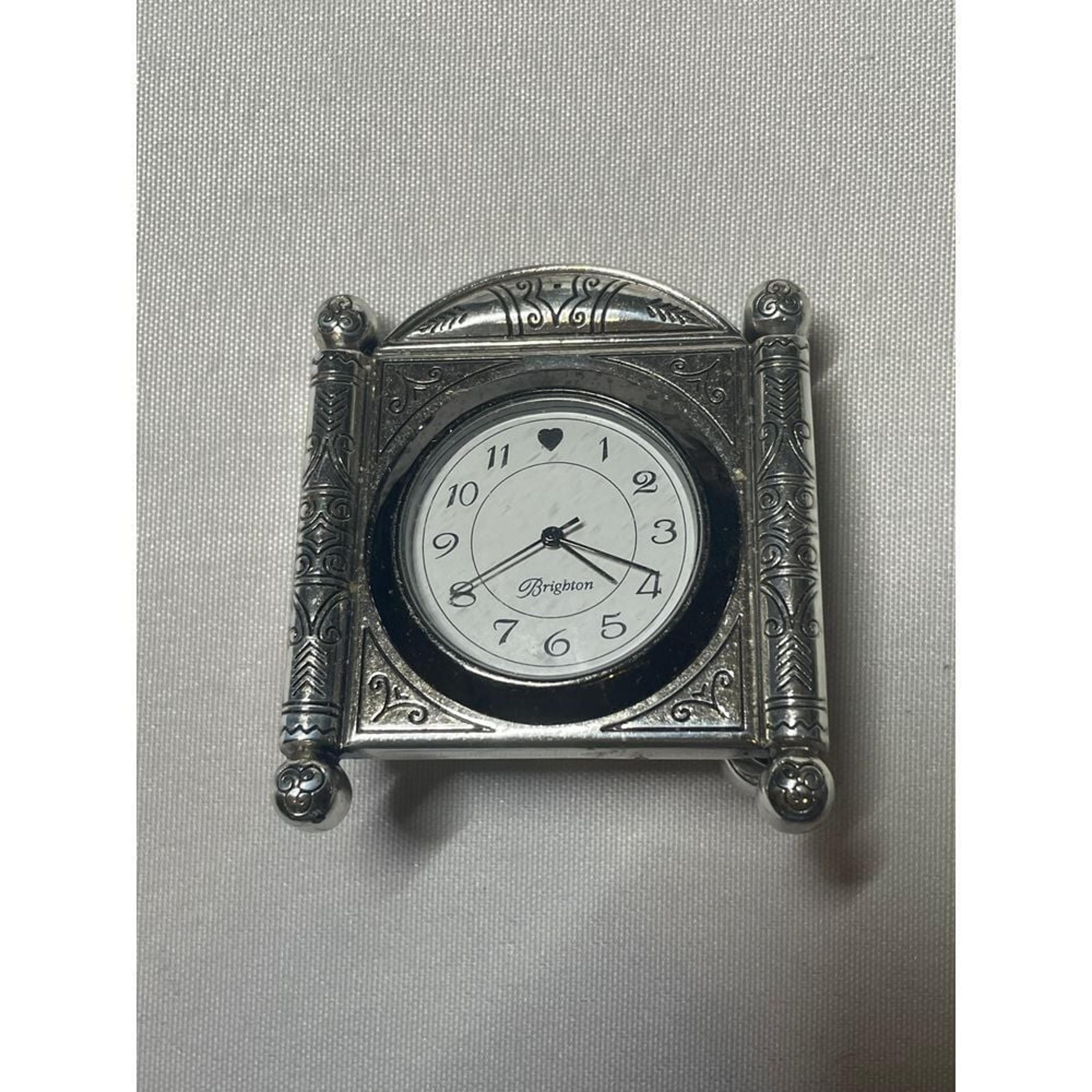 Brighton Vintage Silver-Tone Decorative Mini Desk Clock with Ornate Frame Design
