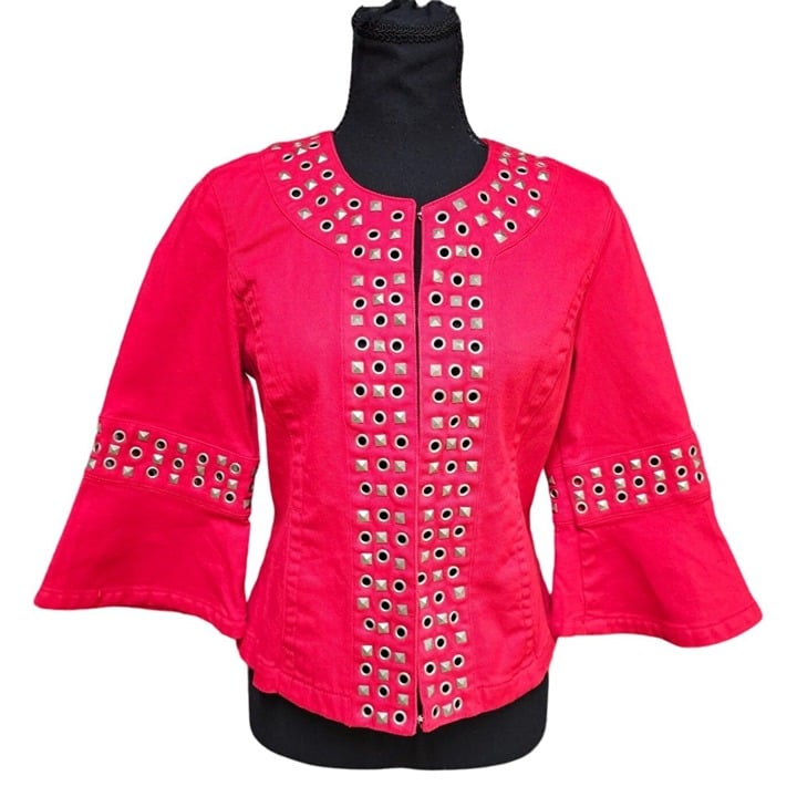 LAL Live a Little Red and Edgy Studded Denim Unique Jacket, Size Small