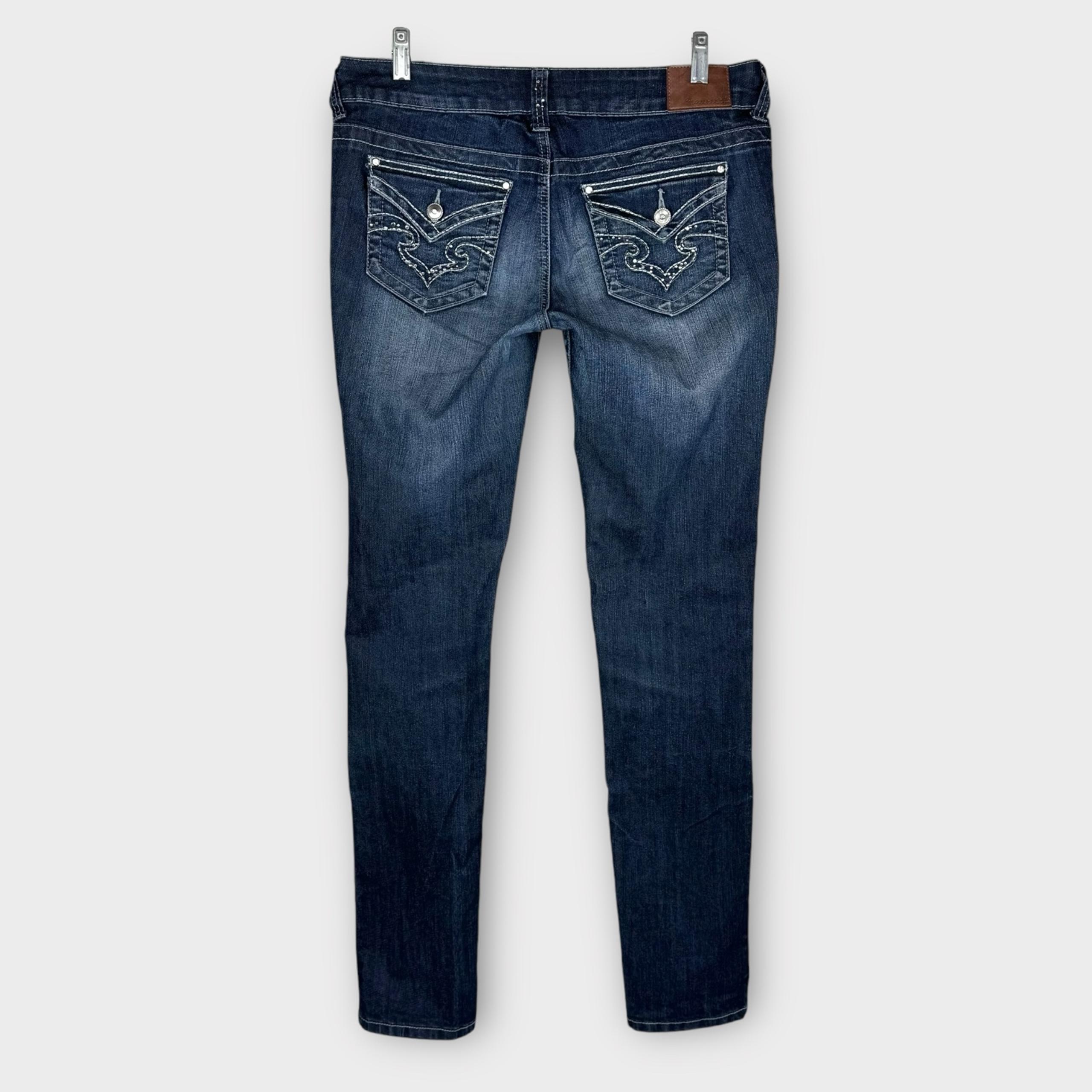 Maurices dark wash embellished jeggings M skinny jeans flap pockets mid-rise Y2K