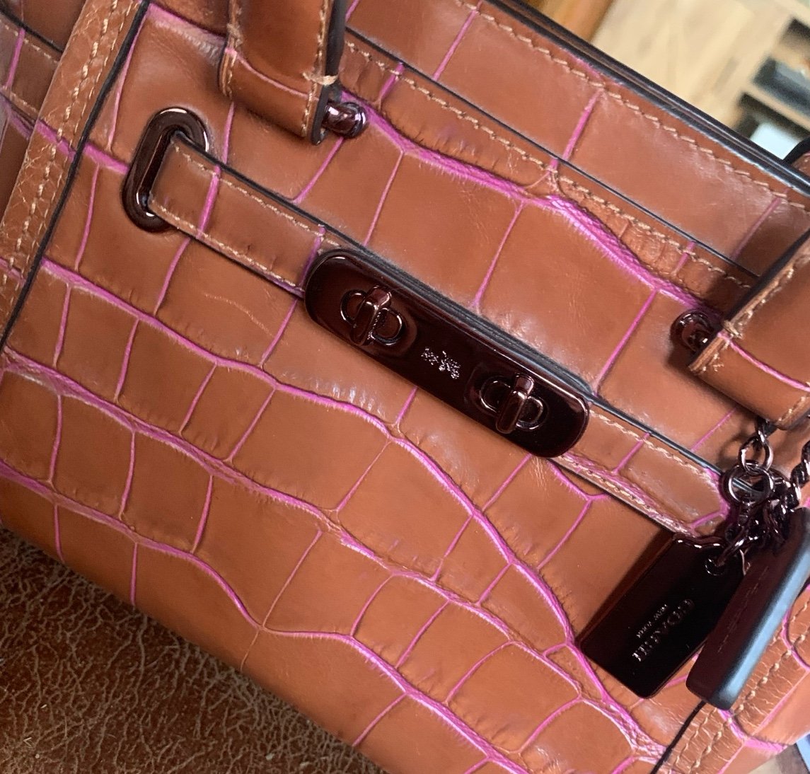 Coach Swagger Bag Brown with pink croc small version
