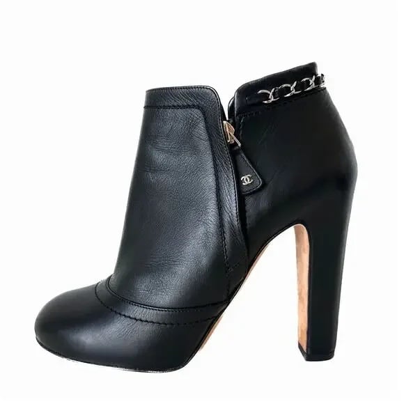 CHANEL Lambskin Leather Chain Ankle Heel Boots IT 39