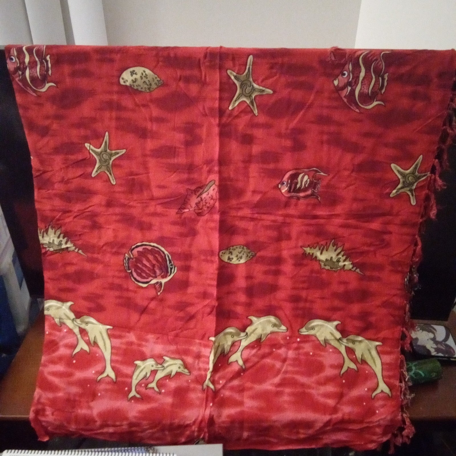 Ocean Scape Red Sarong Oversized tasseled Shawl Wrap Coverup
