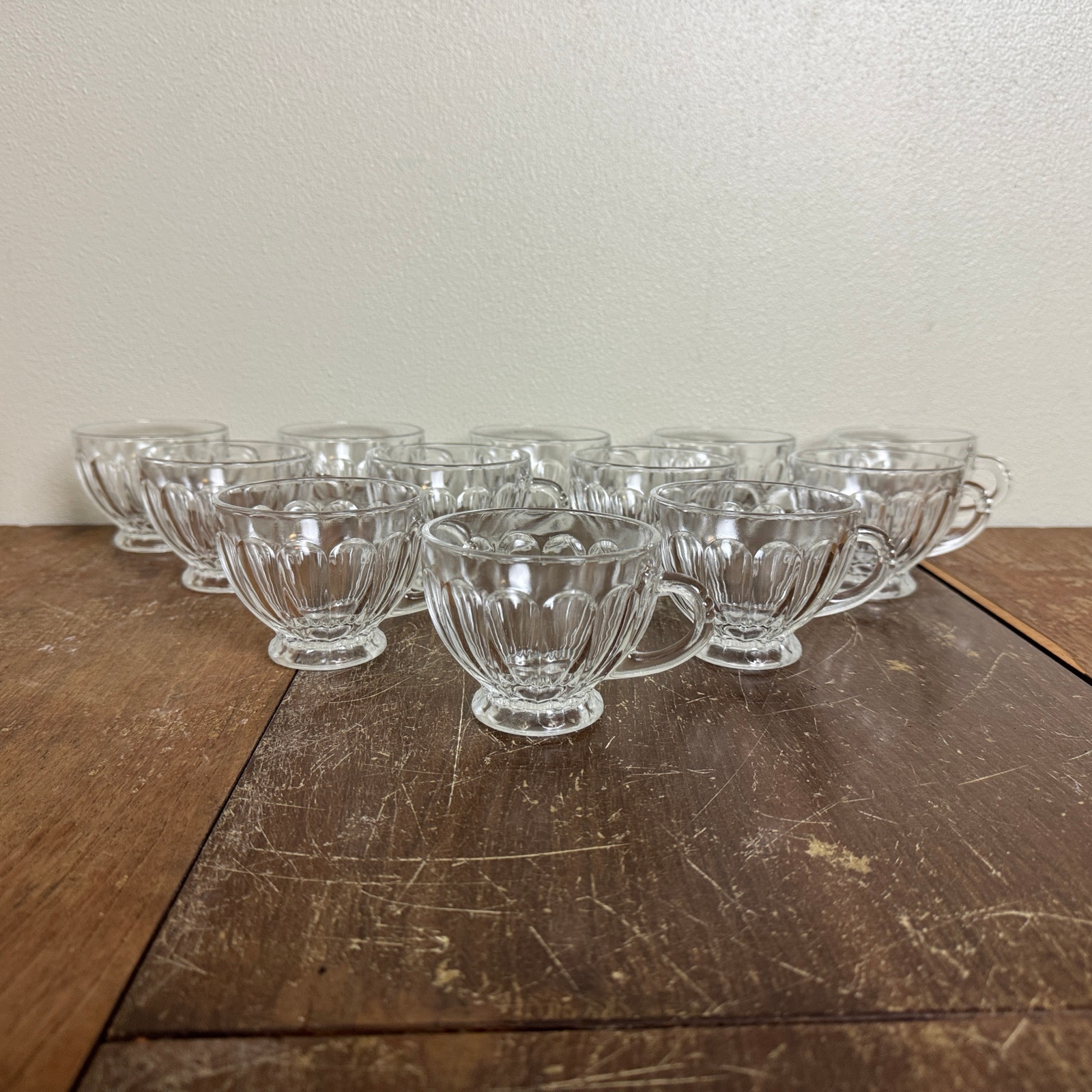 Set of 12 Vintage Clear Glass Scalloped Design Tea Coffee Cups
