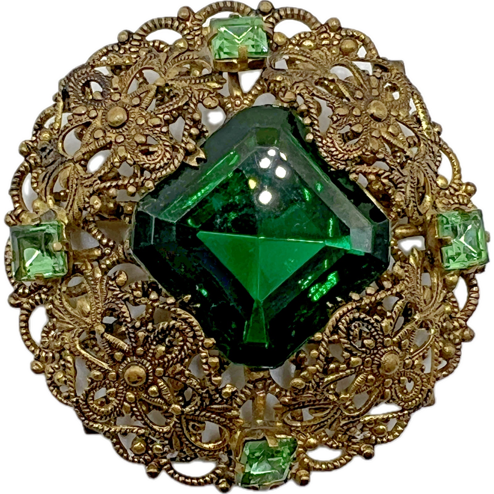 West Germany Green Czech Rhinestone Layered Filigree Brooch Costume Jewelry