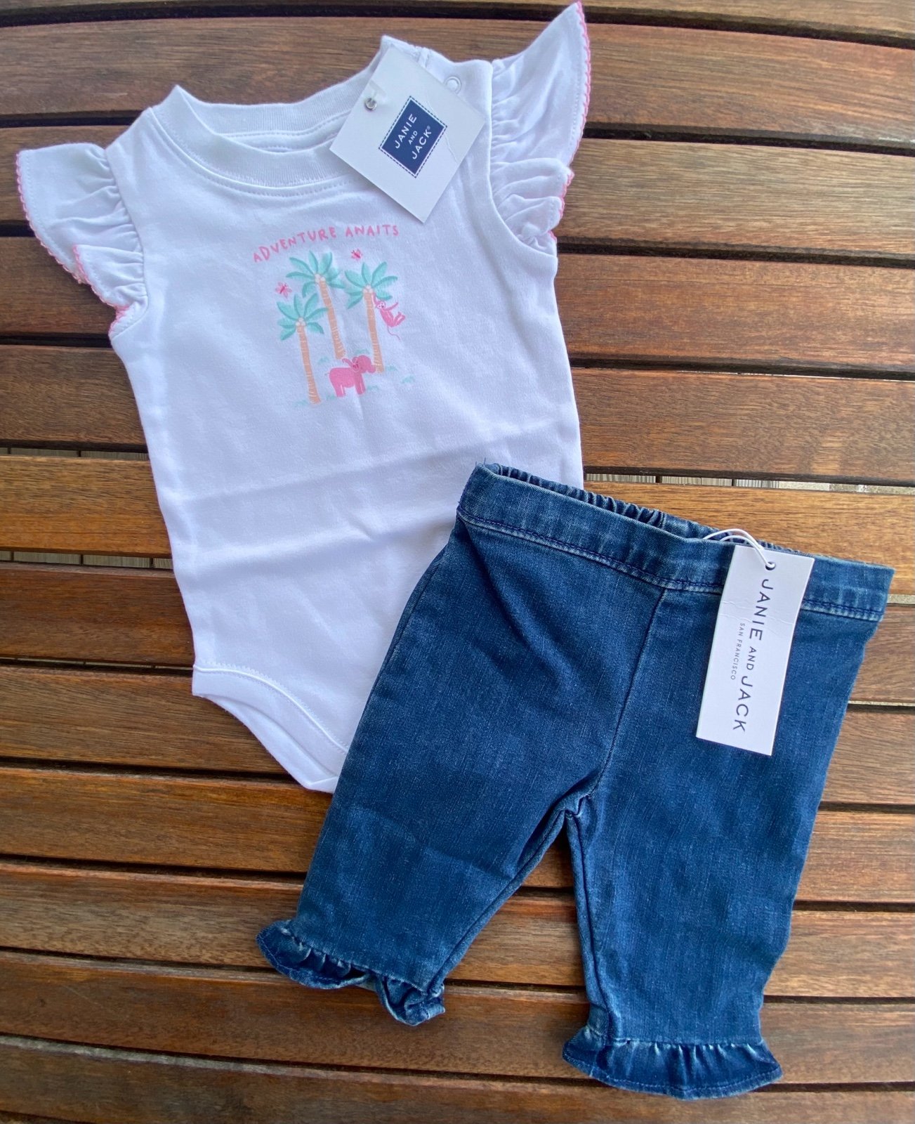 Janie and Jack infant girls 0-3 mos elephant onesie bodysuit and jean set NWT